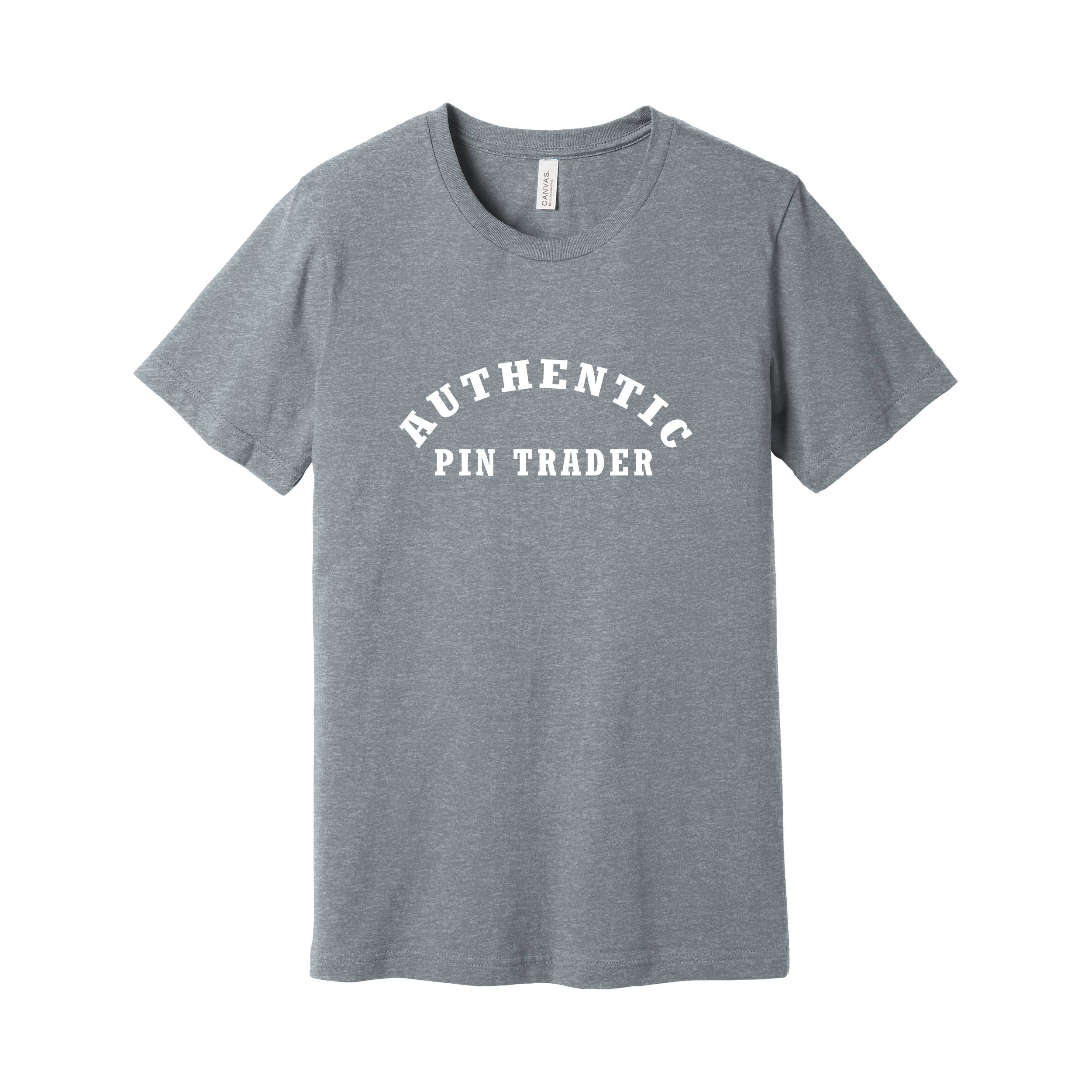 Gray t-shirt with 'AUTHENTIC PIN TRADER' text