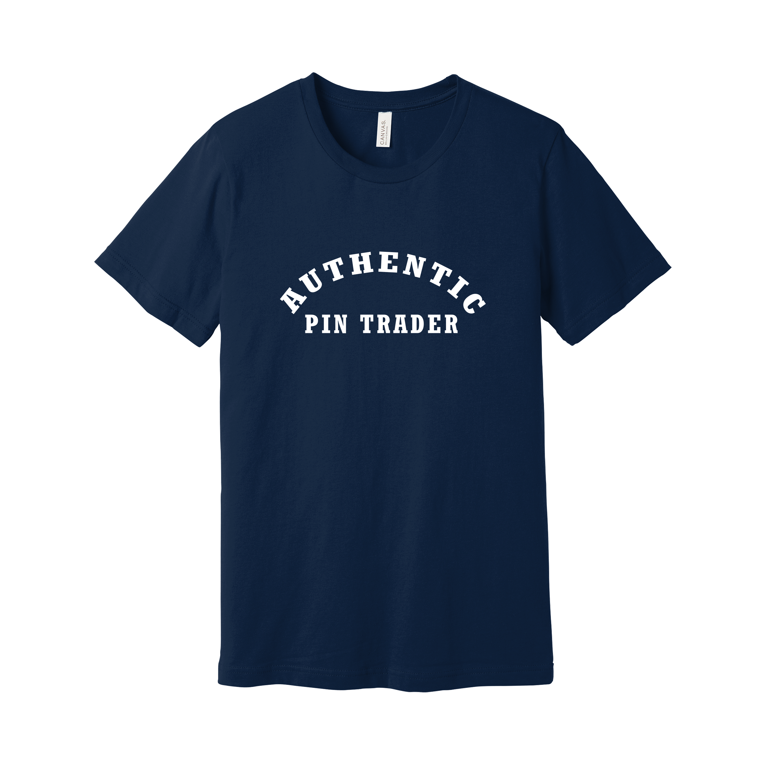 Navy blue t-shirt with 'AUTHENTIC PIN TRADER' text