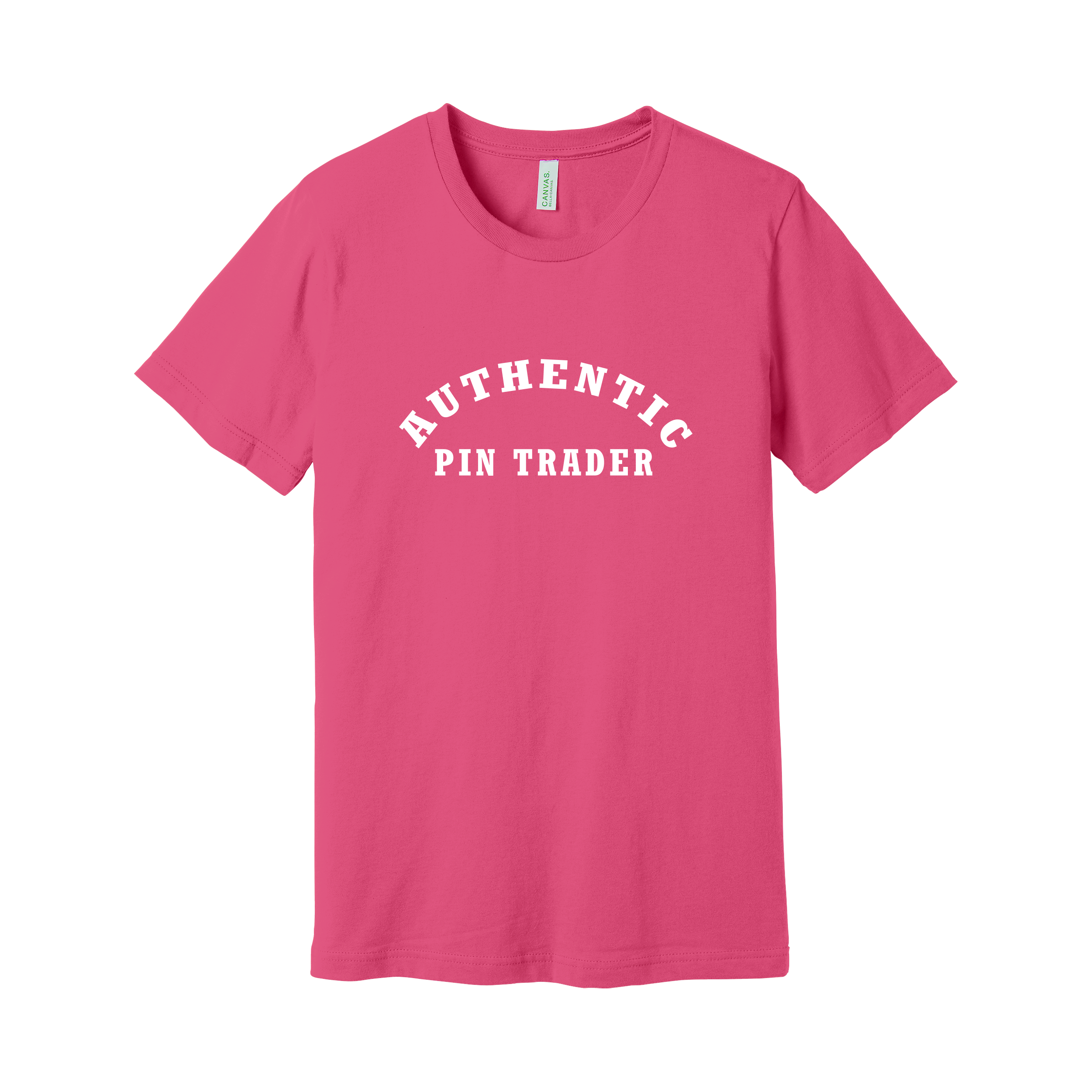 Pink t-shirt with 'AUTHENTIC PIN TRADER' text