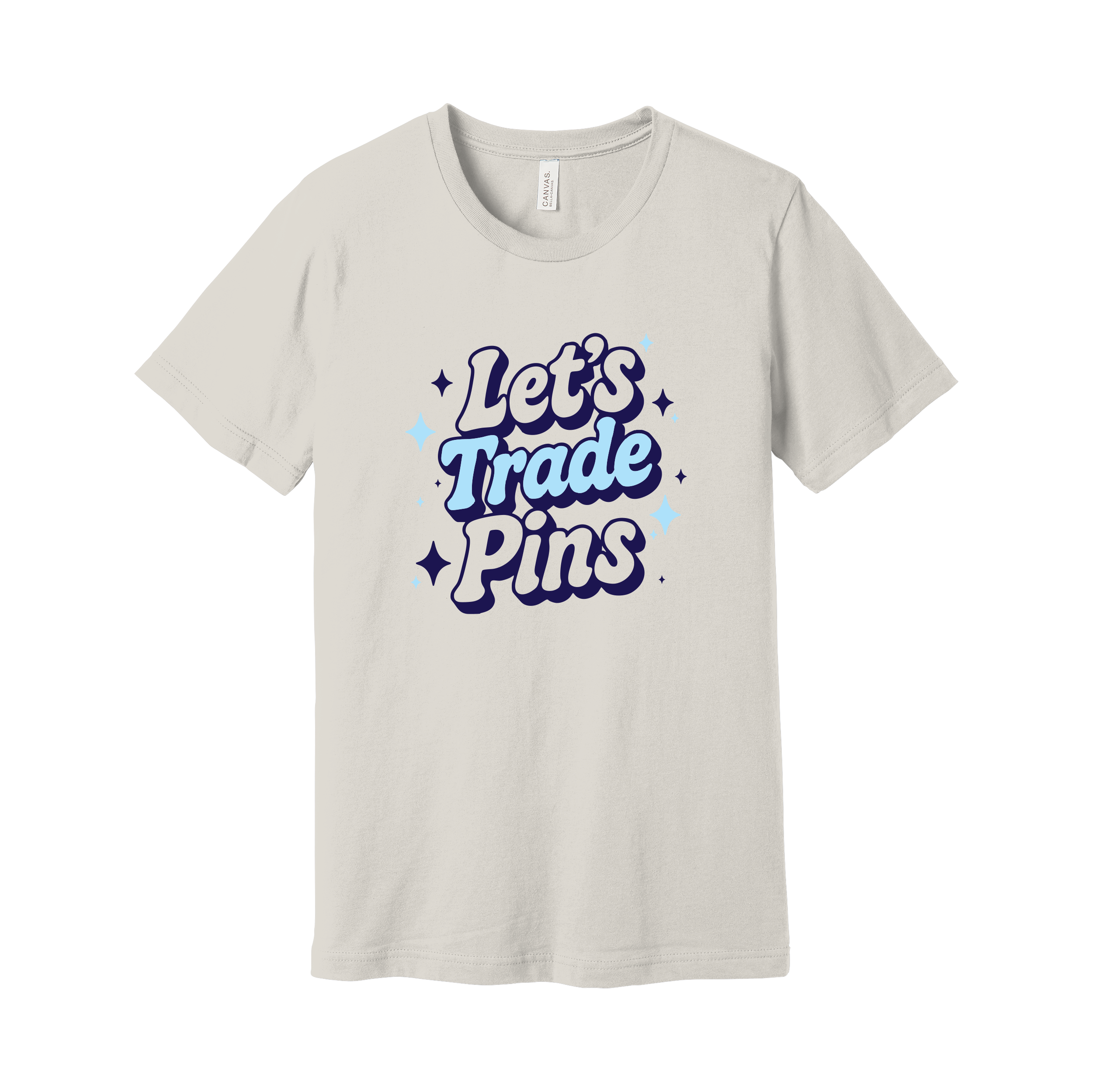 Beige t-shirt with 'Let's Trade Pins' text on a white background