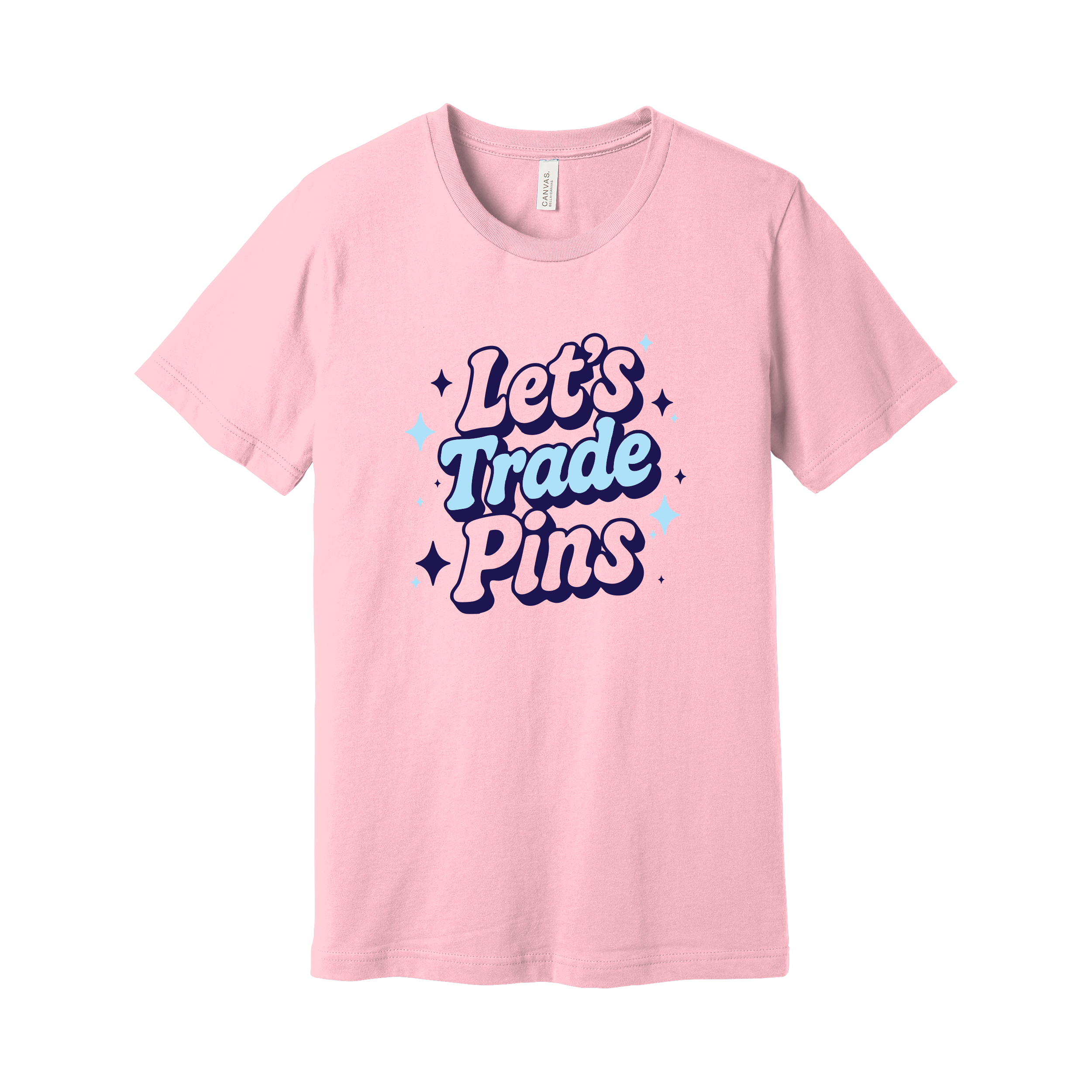 Pink t-shirt with 'Let's Trade Pins' text
