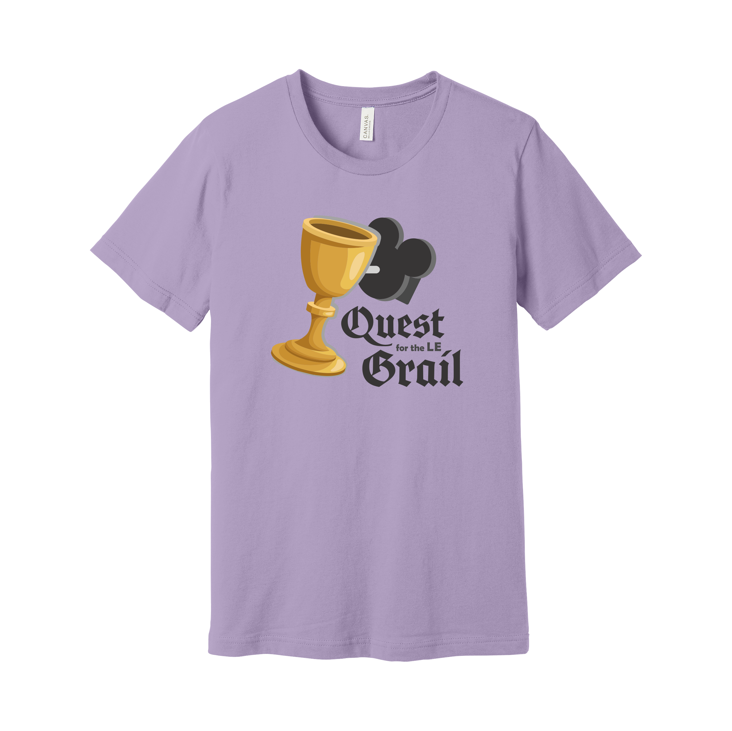 Purple t-shirt with a gold lapel pin black back