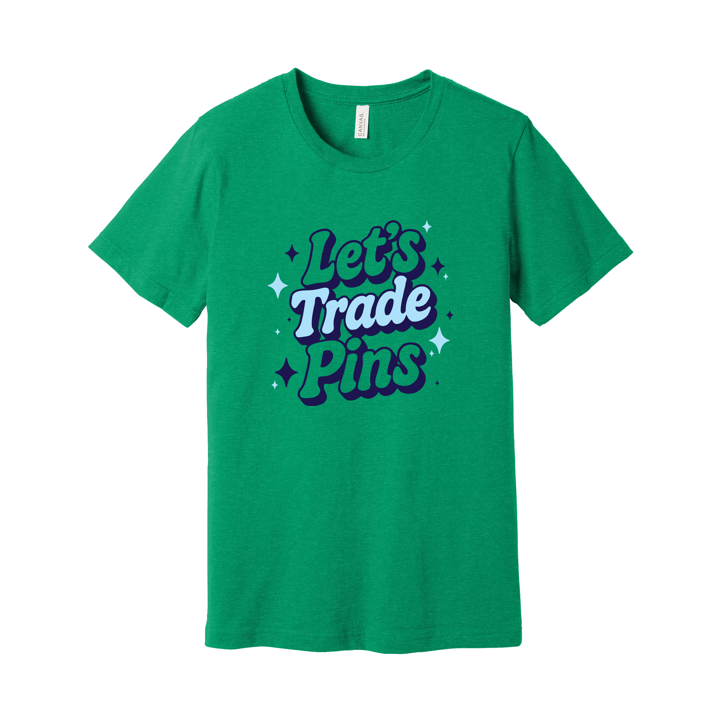 Green t-shirt with 'Let's Trade Pins' text 
