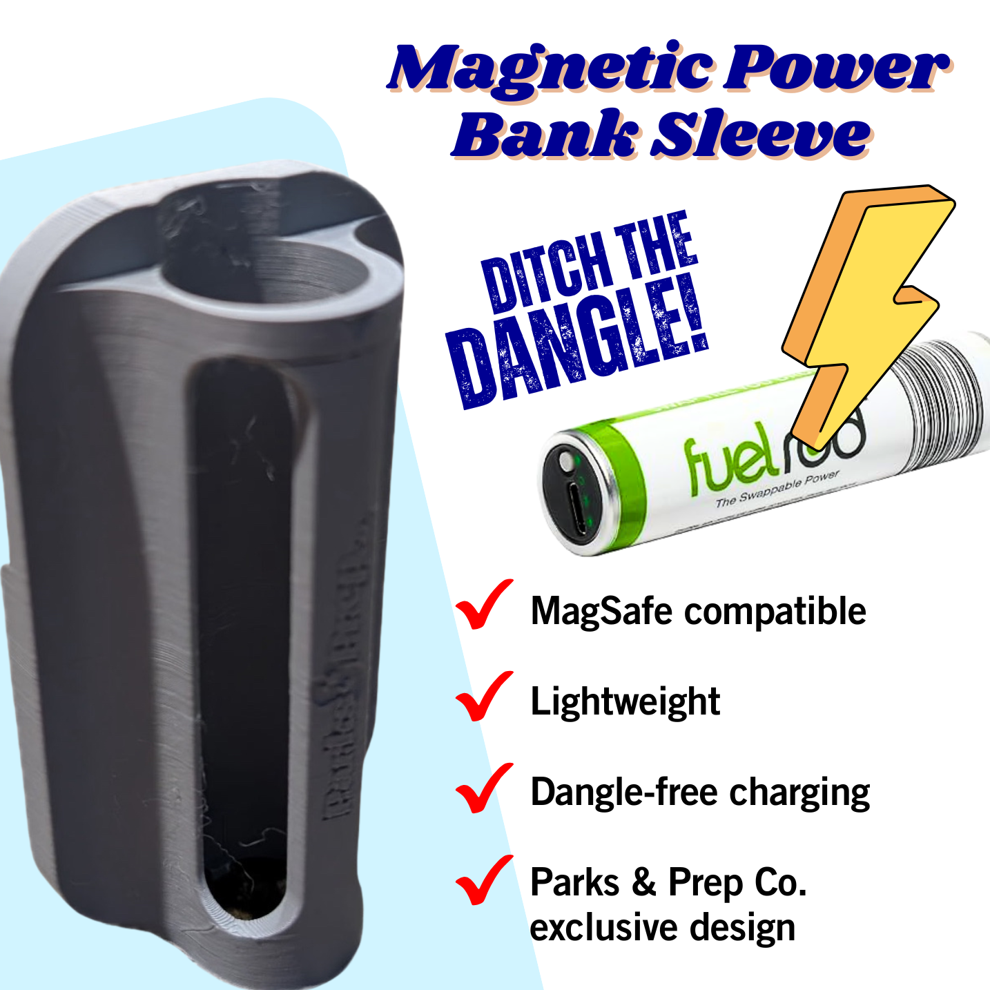 Magnetic power bank sleeve, fuel rod compatible for pre-ordering, featuring a battery and text about product features.